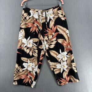 Kahala Linen Blend Pants Womens 8 Black Resort Wear Hawaii Tropical Floral